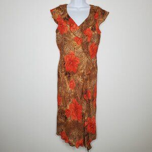 Borcellini Womens Animal Print Floral Ruffled Tropical Midi Dress Size 8 90's